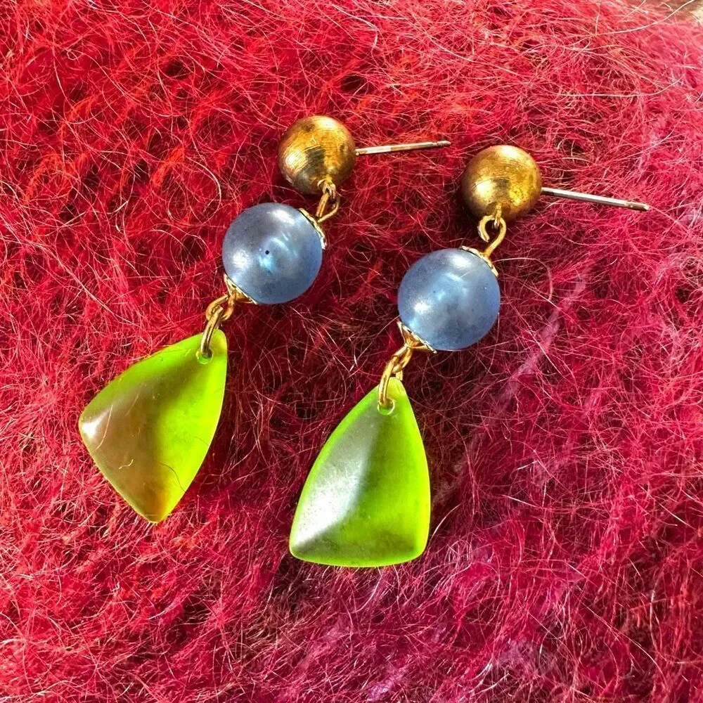 Blue and green beaded drop earrings
